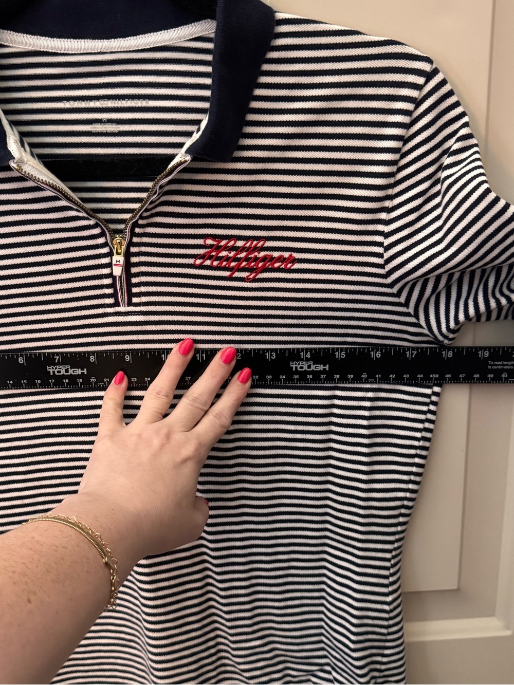 Tommy Hilfiger Women’s Striped Quarter Zip Polo Top Navy White 3/4 Sleeve Medium - Picture 7 of 11